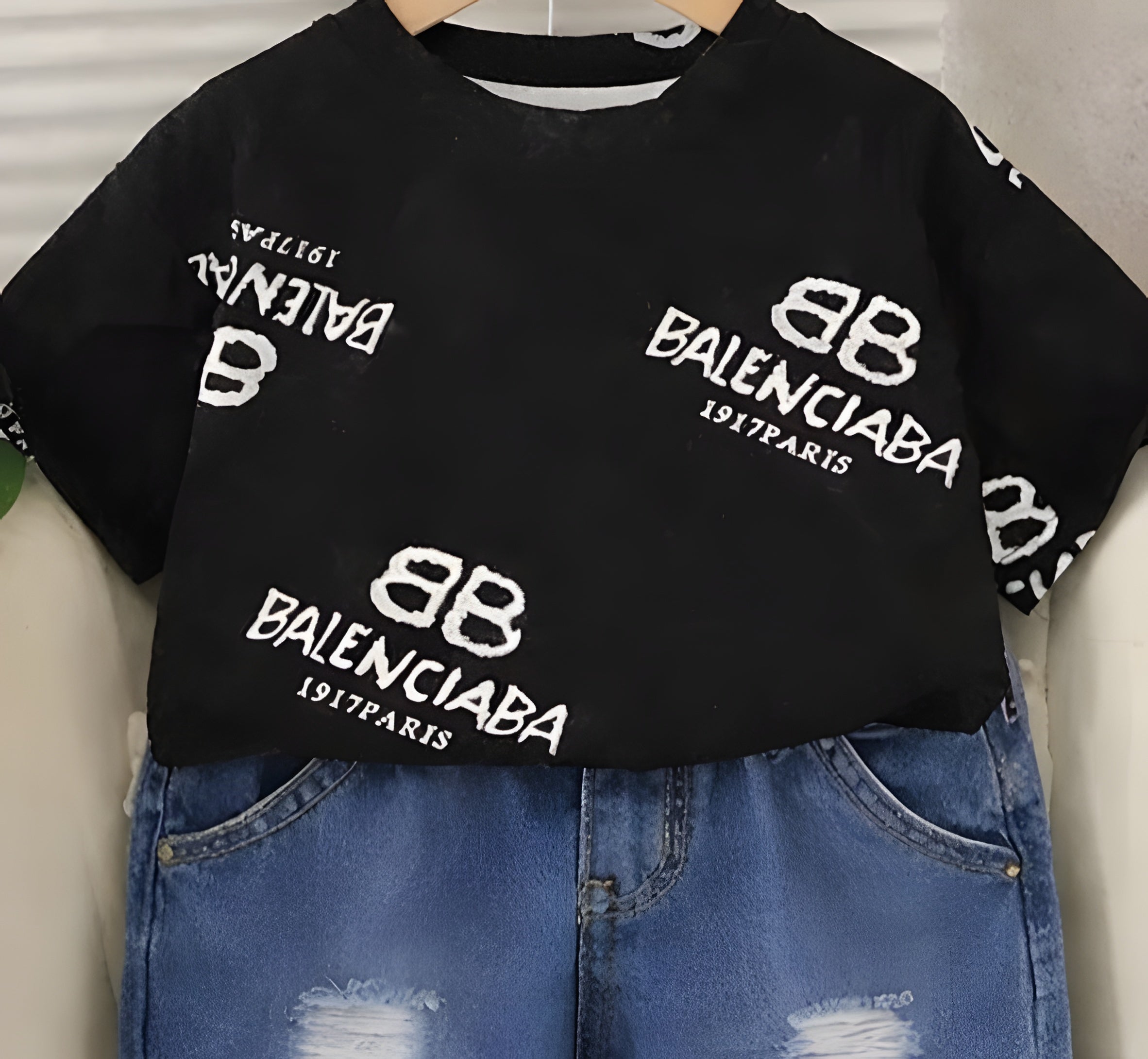 Boy's Black Balenciaga Print T-Shirt & Shorts Set