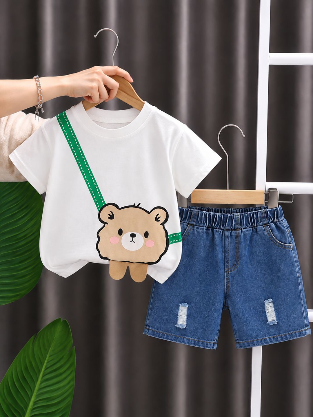 Googo Gaaga Boys Bear Printed T-Shirt with Distressed Denim Shorts Set