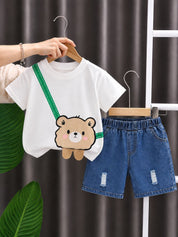 Googo Gaaga Boys Bear Printed T-Shirt with Distressed Denim Shorts Set