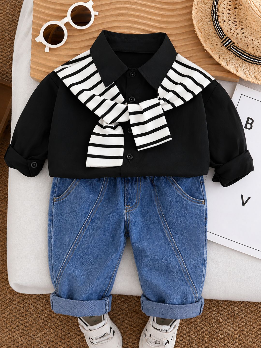 Googo Gaaga Boys Black Layered-Look Shirt with Blue Denim Jeans Set