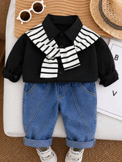 Googo Gaaga Boys Black Layered-Look Shirt with Blue Denim Jeans Set