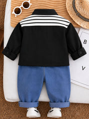 Googo Gaaga Boys Black Layered-Look Shirt with Blue Denim Jeans Set