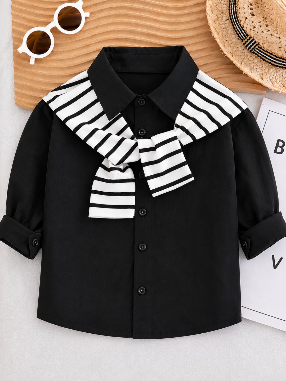 Googo Gaaga Boys Black Layered-Look Shirt with Blue Denim Jeans Set