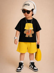 Googo Gaaga Boys Cotton Cap Bear Printed T-Shirt & Shorts Set - Black