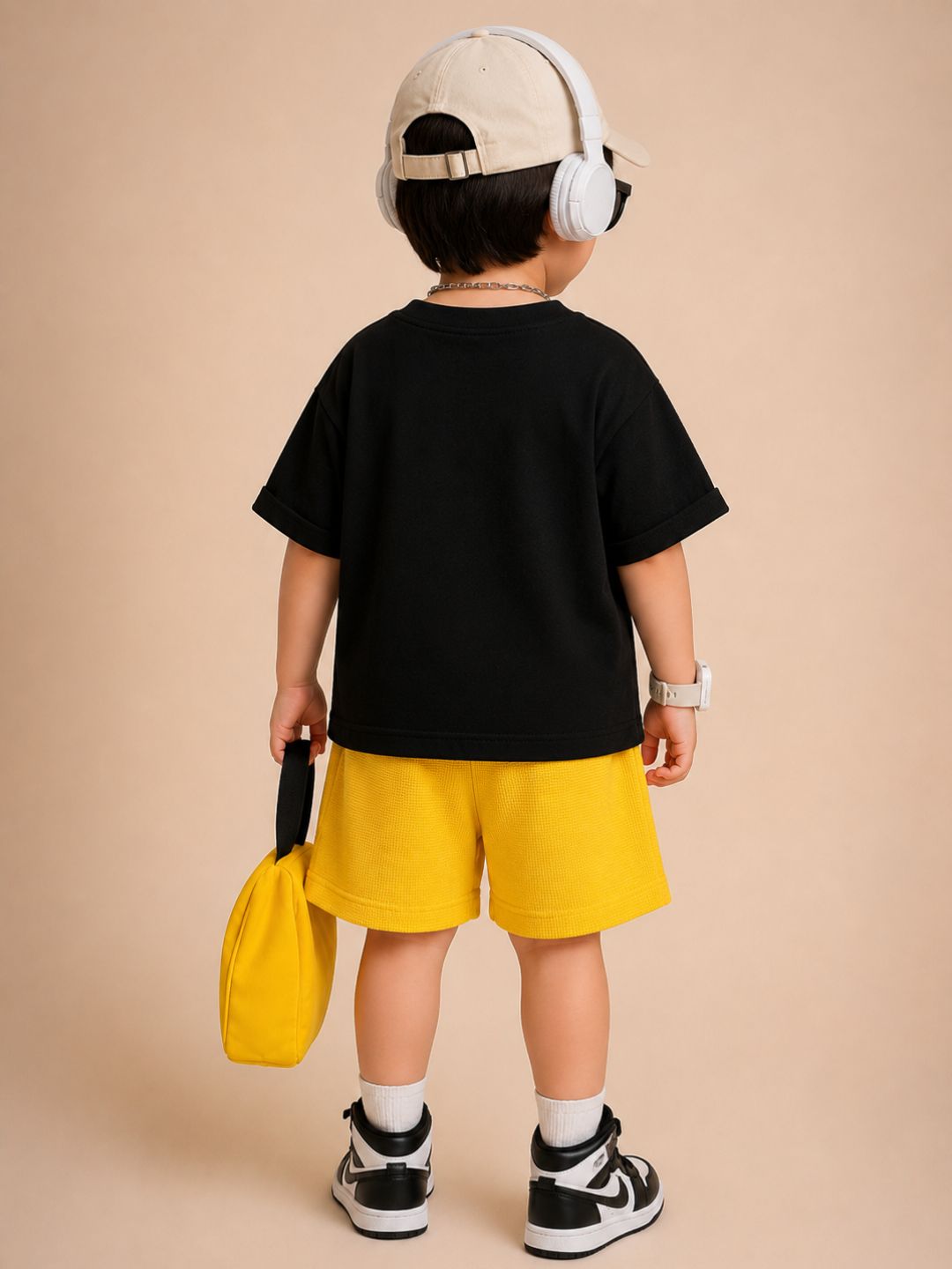 Googo Gaaga Boys Cotton Cap Bear Printed T-Shirt & Shorts Set - Black