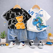 Boys Cotton Half Sleeves Tee & Shorts Set Pack of 2  - Urban Black & Super Dino