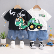 Boys Cotton Half Sleeves Tee & Shorts Set Pack of 2  - Black Super Dino & White Tractor