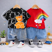 Boys Cotton Half Sleeves Tee & Shorts Set Pack of 2  - Black Urban & Red Rainbow