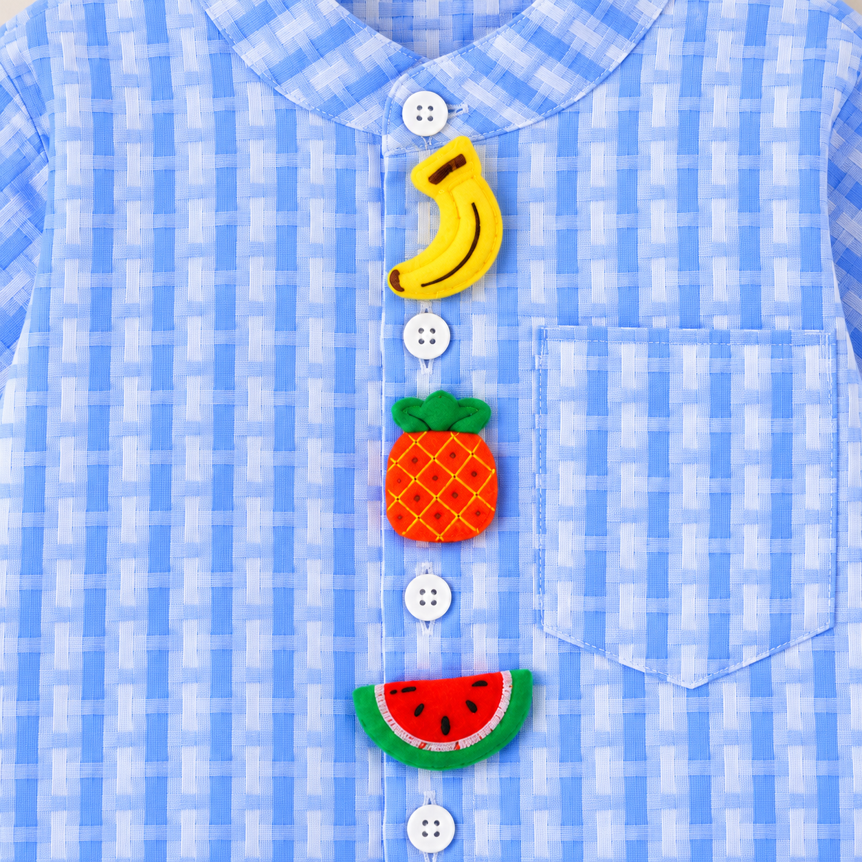 Googo Gaaga Kids Blue & White Checkered Fruit Applique Full Sleeve Shirt with Blue Denim Jeans Co-Ord Set