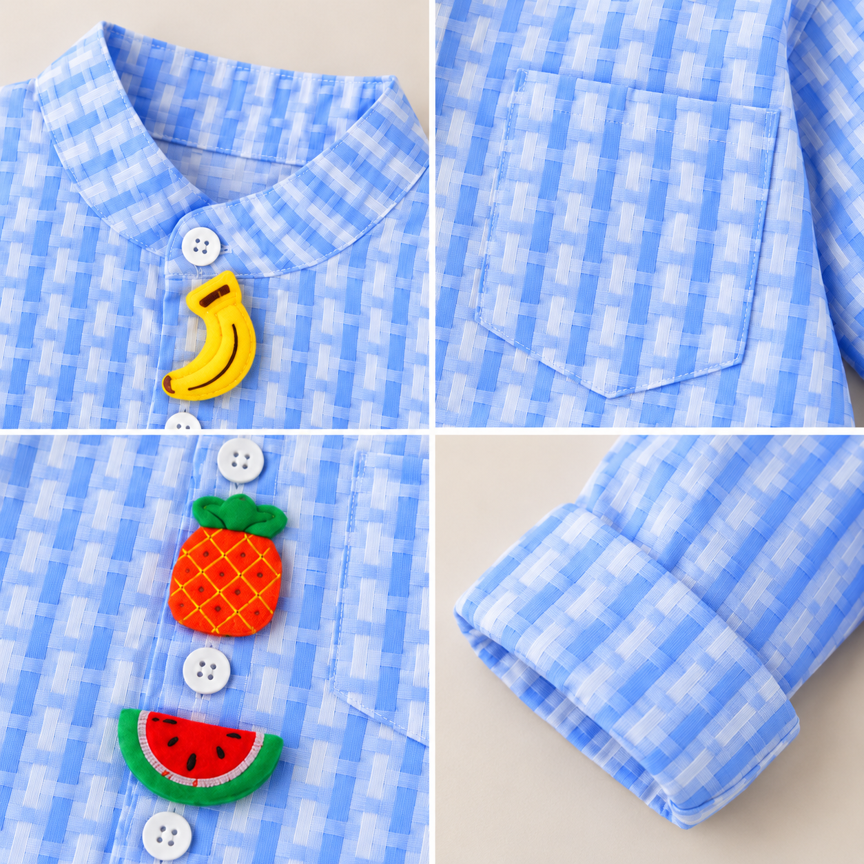 Googo Gaaga Kids Blue & White Checkered Fruit Applique Full Sleeve Shirt with Blue Denim Jeans Co-Ord Set