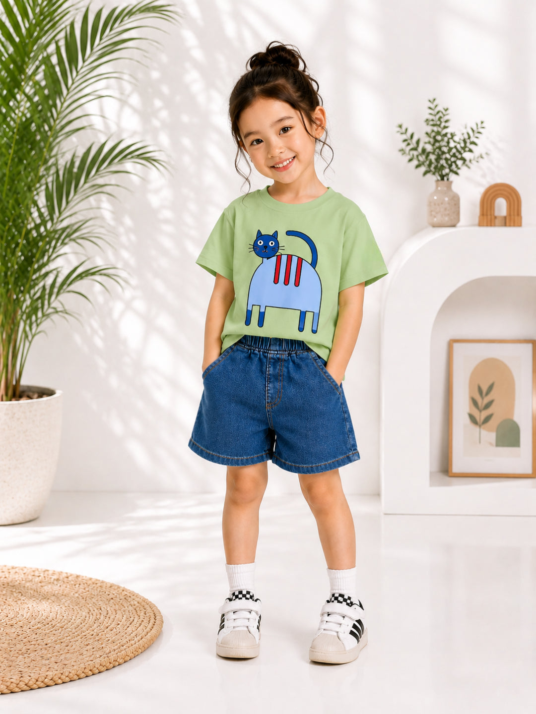 Googo Gaaga Girls Cotton Cat Printed T-Shirt & Shorts Set - Green