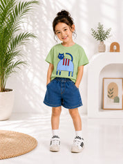 Googo Gaaga Girls Cotton Cat Printed T-Shirt & Shorts Set - Green