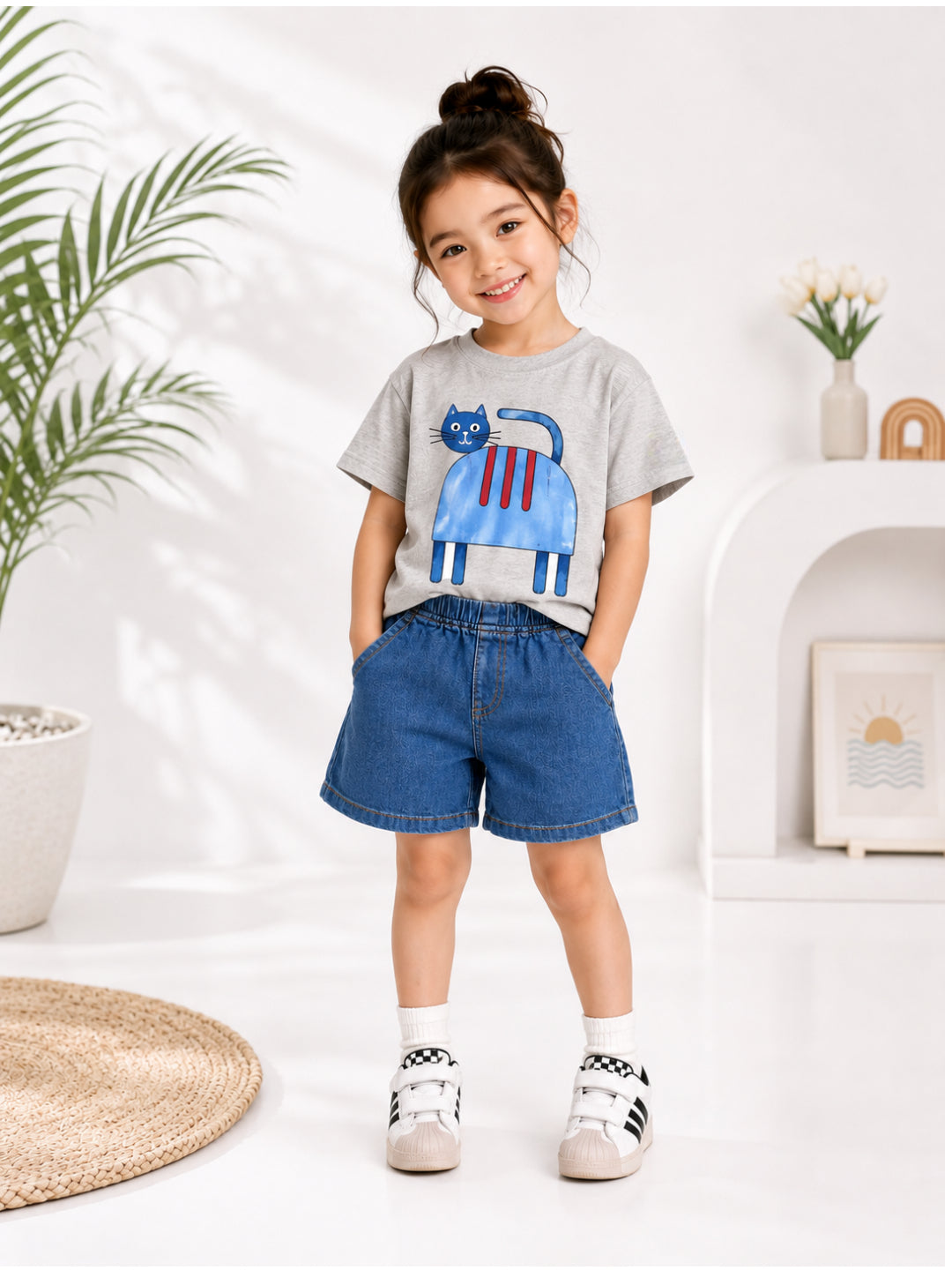 Googo Gaaga Girls Cotton Cat Printed T-Shirt & Shorts Set - Grey