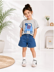 Googo Gaaga Girls Cotton Cat Printed T-Shirt & Shorts Set - Grey