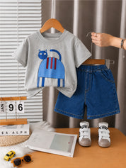 Googo Gaaga Girls Cotton Cat Printed T-Shirt & Shorts Set - Grey