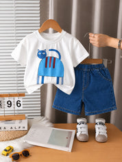 Googo Gaaga Girls Cotton Cat Printed T-Shirt & Shorts Set - White