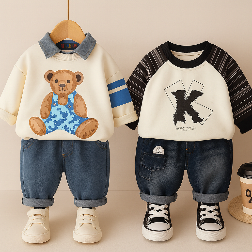 Boys Cotton Knit Full Sleeves Teddy & Text Printed Sweatshirt With Pant Pack of 2 - Cream