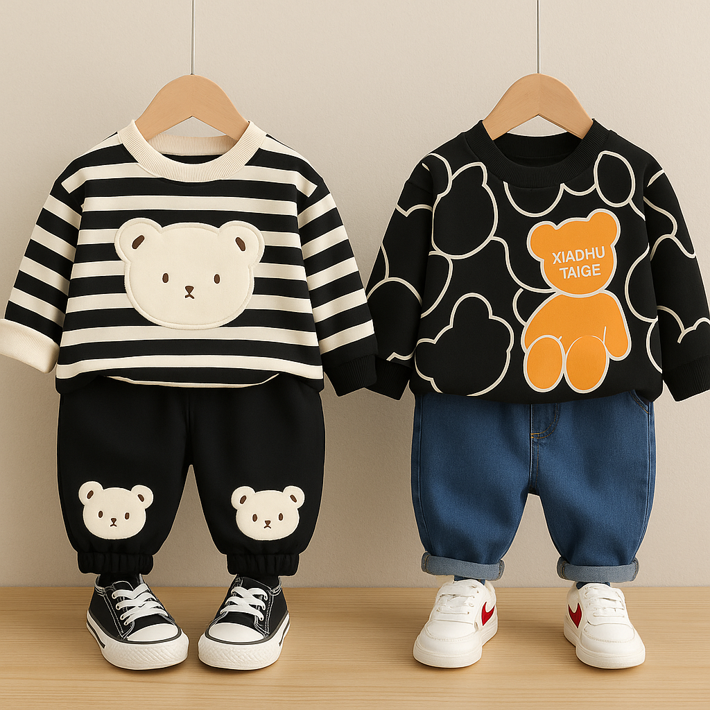 Boys Cotton Light Winter Knit Full Sleeves Teddy Printed Sweatshirt With Joggers Set Pack of 2