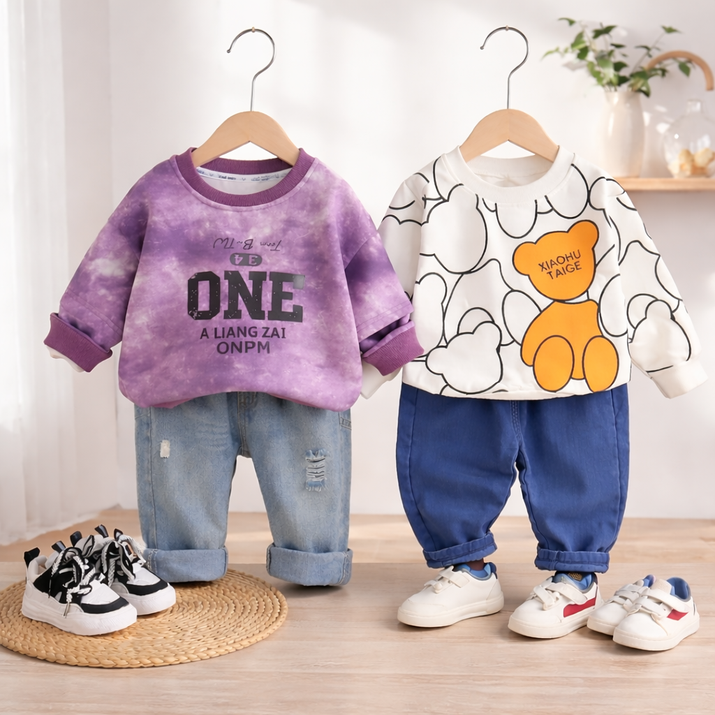 Boys Light Winter Cotton Knit Full Sleeves Printed Sweatshirt With Pant Pack of 2