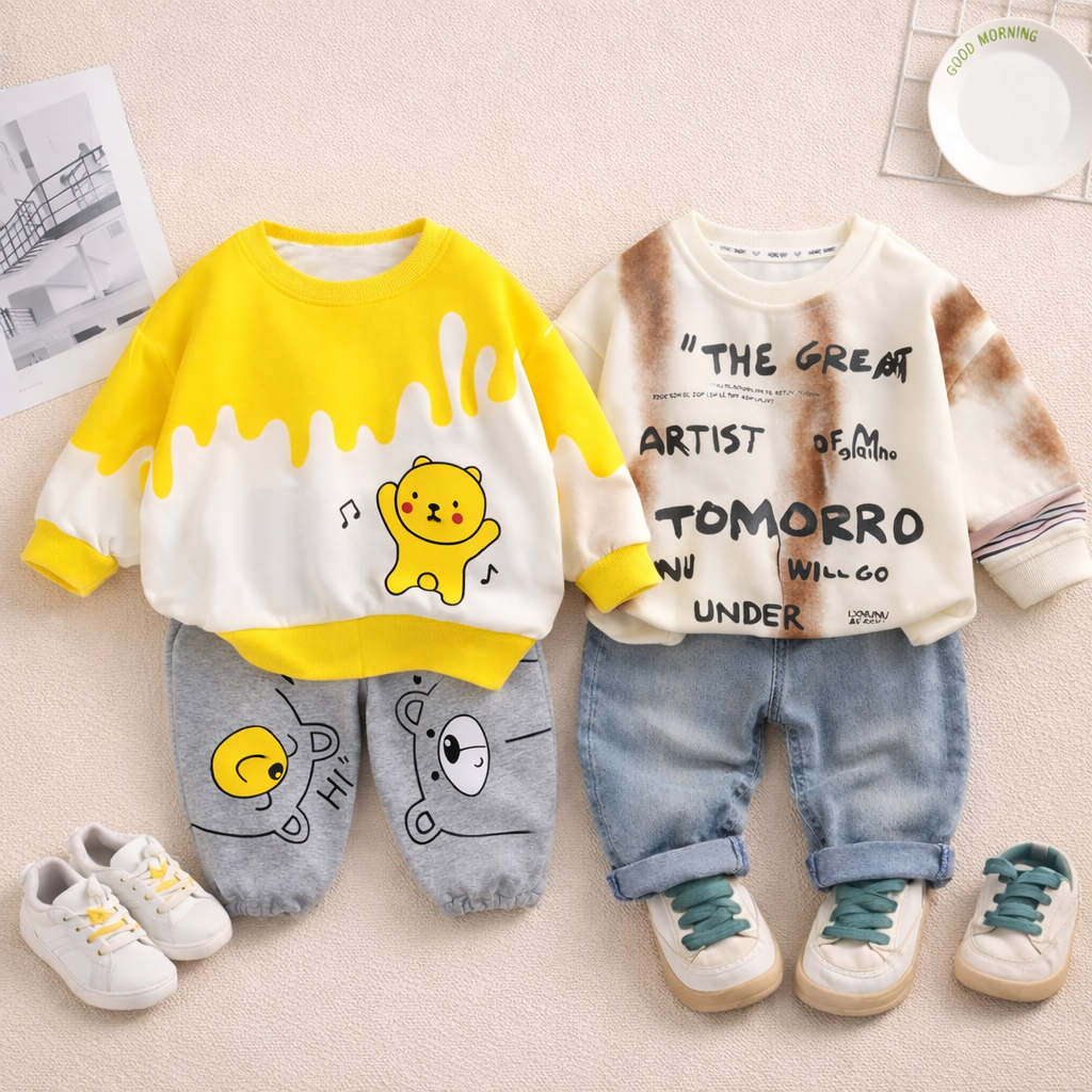 Boys Light Winter Cotton Knit Full Sleeves Printed Sweatshirt With Pant Pack of 2