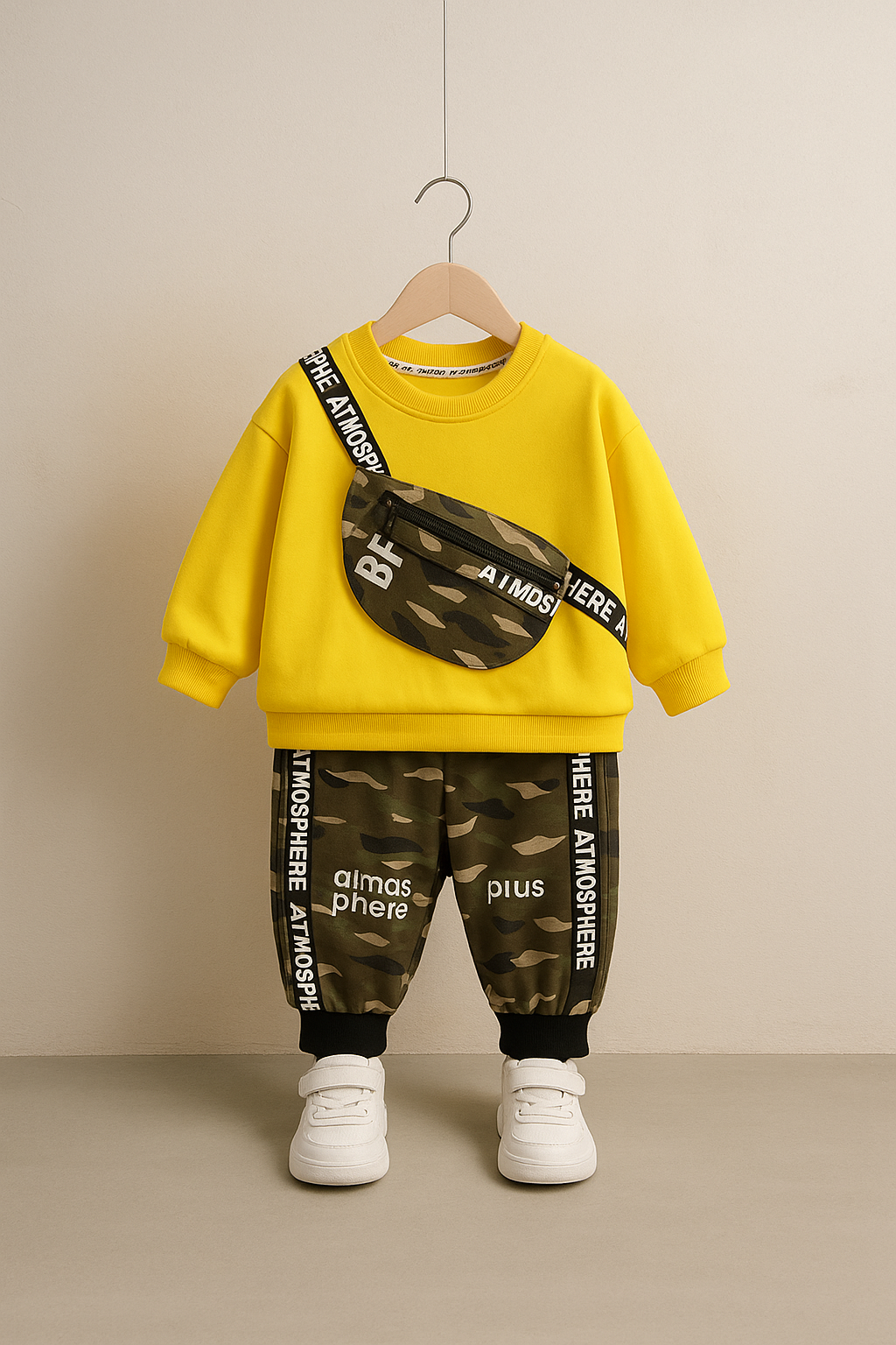Boy's Cotton Knit Light Winter Text Printed Sweatshirt With Joggers Pant Set - Yellow