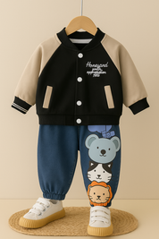 Boy's Cotton Knit Light Winter Text Printed Jacket With Joggers Pant Set - Black