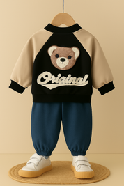 Boy's Cotton Knit Light Winter Text Printed Jacket With Joggers Pant Set - Black