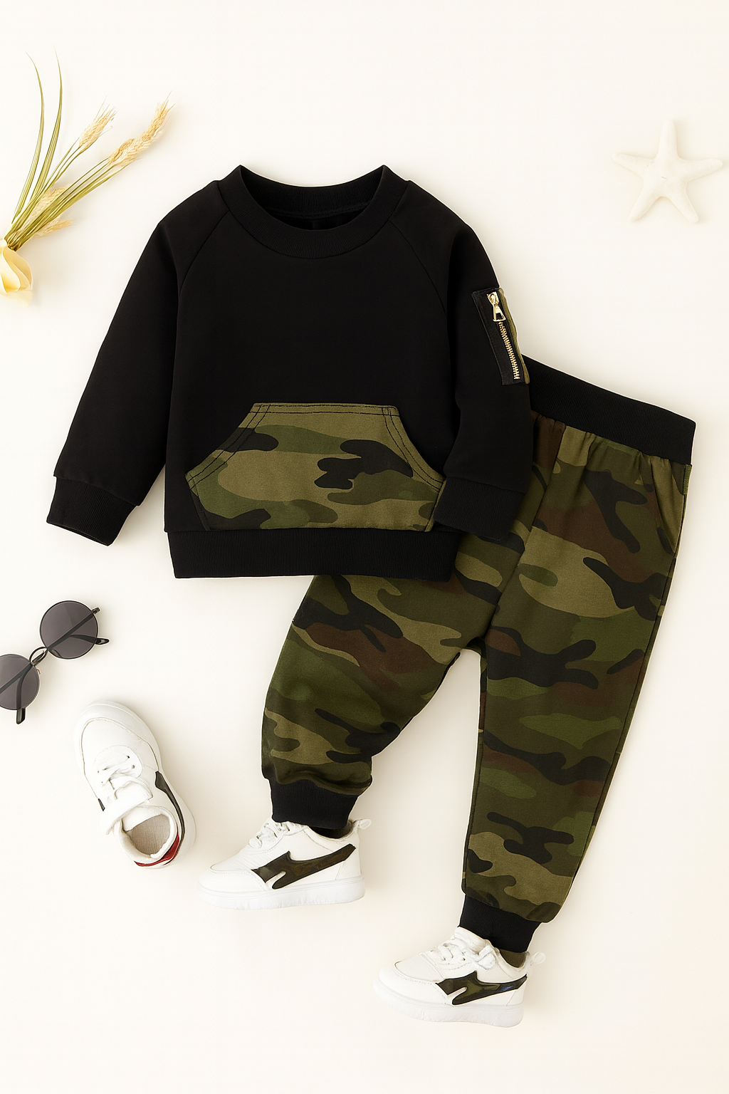 Boy's Cotton Knit Light Winter All Over Camouflage Printed Sweatshirt With Joggers Pant Set - Black