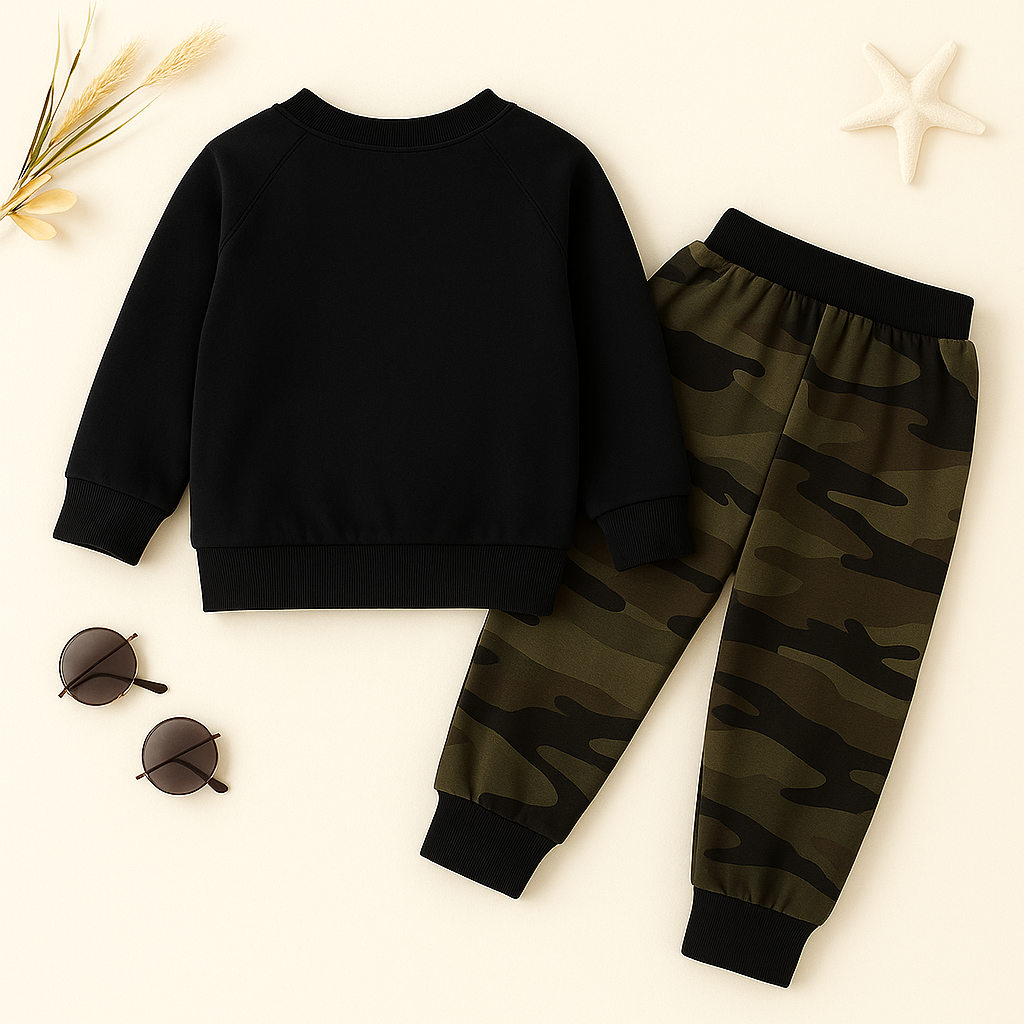 Boy's Cotton Knit Light Winter All Over Camouflage Printed Sweatshirt With Joggers Pant Set - Black