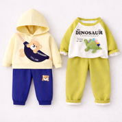 Boys Cotton Fleece Full Sleeves Printed Sweatshirt & Hoodie With Joggers Set Pack of 2 - Green & Cream
