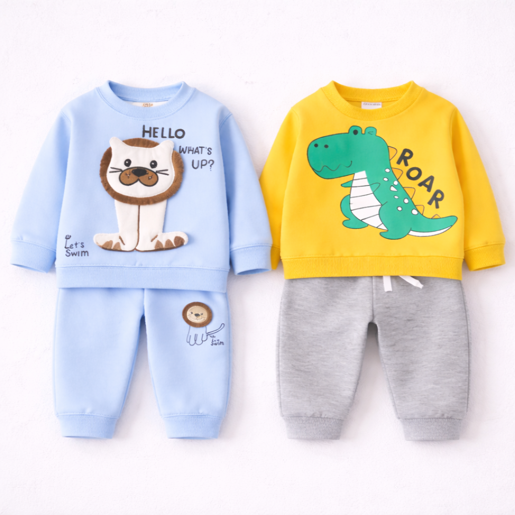 Boys Cotton Fleece Full Sleeves Printed Sweatshirt With Joggers Set Pack of 2 - Yellow & Blue