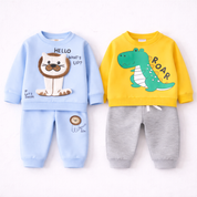 Boys Cotton Fleece Full Sleeves Printed Sweatshirt With Joggers Set Pack of 2 - Yellow & Blue
