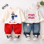 Boy's Cotton Bunny & Text Printed Sweatshirt With Joggers Set - Cream