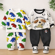Boy's Cotton Dino & Dog Patch Sweatshirt With Joggers Set - White