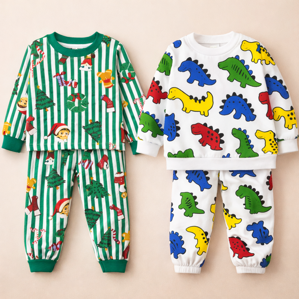 Boy's Cotton Christmas & Dino Sweatshirt With Joggers Set - Green & White