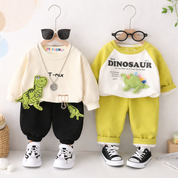 Boy's Cotton Dino Patch Sweatshirt With Joggers Set - Cream & Green