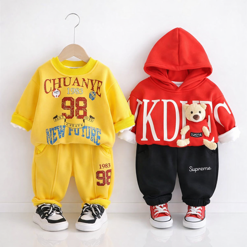 Boy's Cotton Text & Teddy Sweatshirt With Joggers Set - Yellow & Red