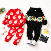 Boy's Cotton Santa & Text Print Sweatshirt With Joggers Set - Red & Black