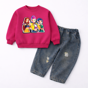 Girl's Cotton Nova Printed Sweatshirt With Jeans Set - Pink
