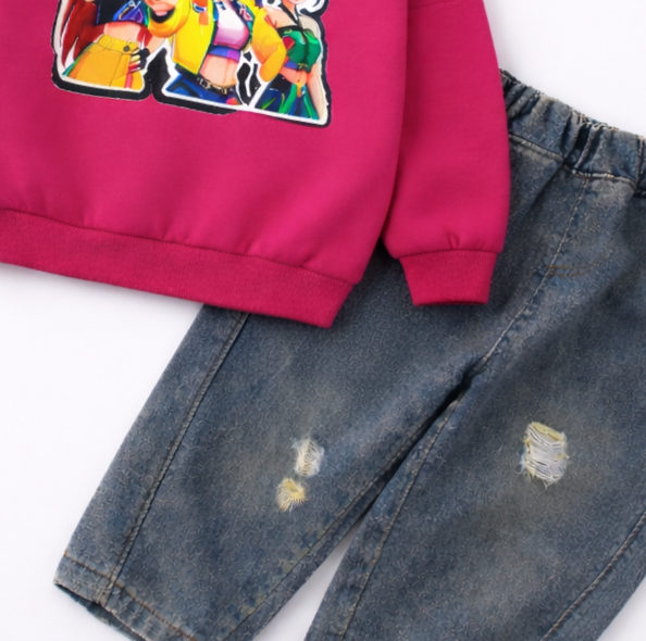 Girl's Cotton Nova Printed Sweatshirt With Jeans Set - Pink