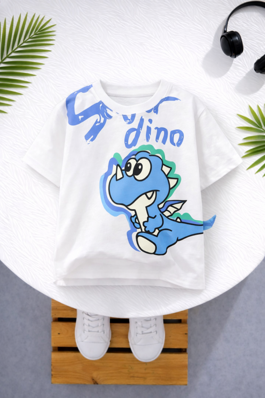 Boy's White Dino Print Half-Sleeve T-Shirt