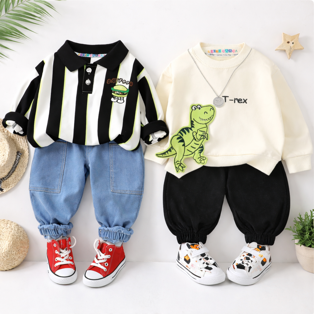 Boy's Cotton Stripes & Dino Printed Sweatshirt With Joggers Set - Black & Cream