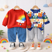 Boy's Cotton Rainbow Printed Sweatshirt With Joggers Set - Red & Blue