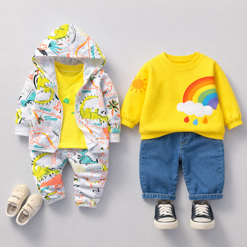 Boy's Cotton Dino & Rainbow Printed Sweatshirt With Joggers Set - White & Yellow
