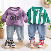 Boy's Cotton Text Printed Sweatshirt With Joggers Set - Purple & Green