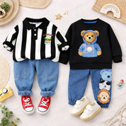 Boy's Cotton Teddy Printed Sweatshirt With Joggers Set - Black