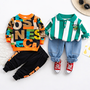 Boy's Cotton Text & Stripes Printed Sweatshirt With Joggers Set - Orange & Green