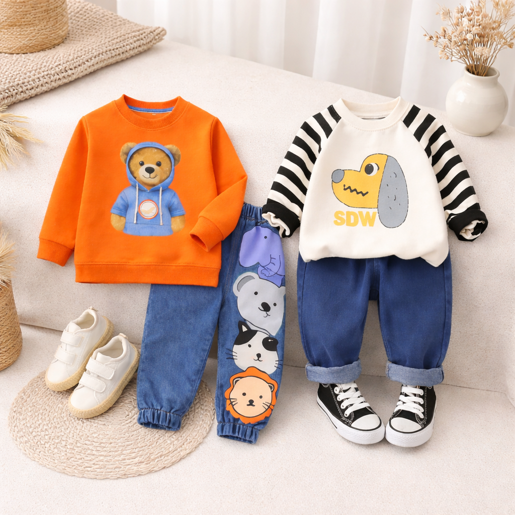 Boy's Cotton Teddy & Dog Printed Sweatshirt With Jeans Set - Orange & Cream