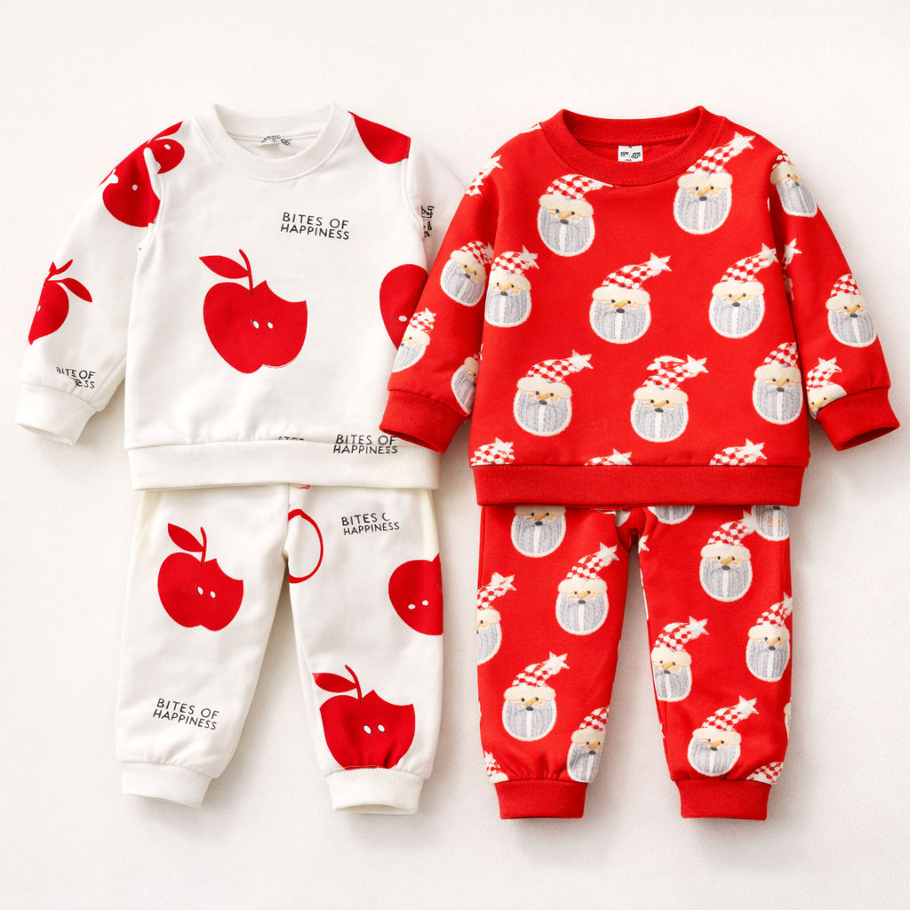 Boy's Cotton Apple & Santa Printed Sweatshirt With Joggers Set - Cream & Red