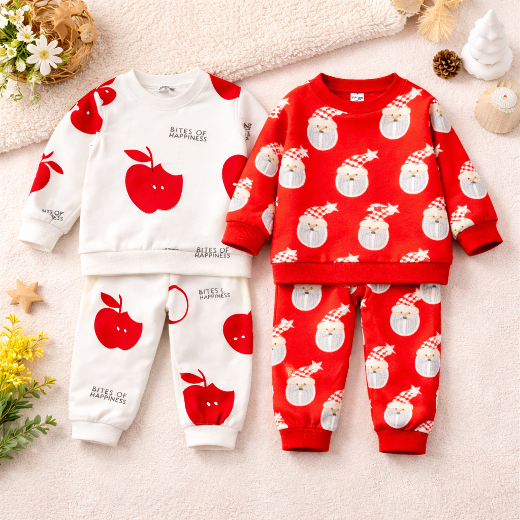 Boy's Cotton Apple & Santa Printed Sweatshirt With Joggers Set - Cream & Red
